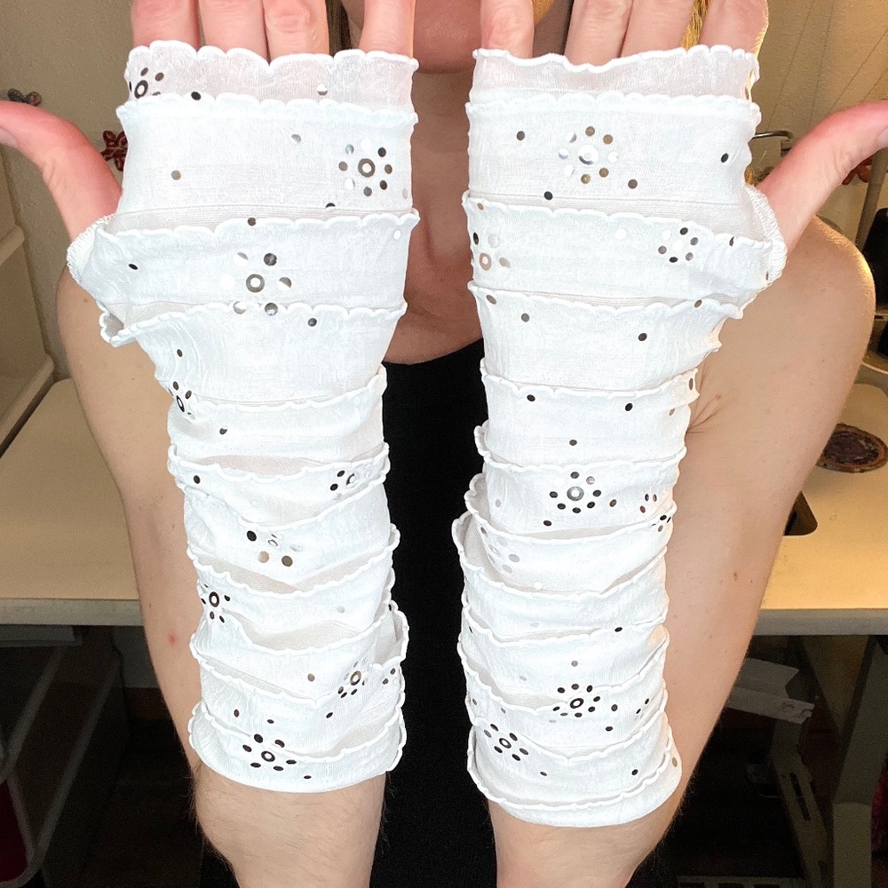 White Mummy Gloves Bandage Ruffle Arm Warmers Sequin Bridal Dance Elbow Length